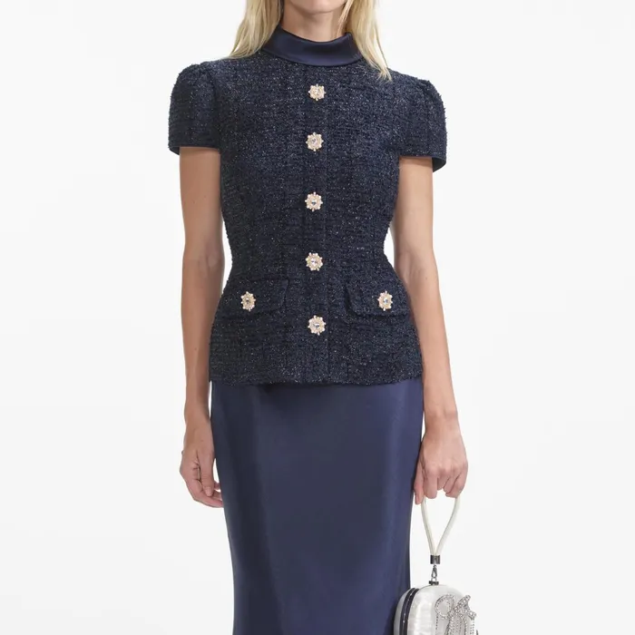 Self Portrait Dresses Women Navy Metallic Boucle Maxi Dress