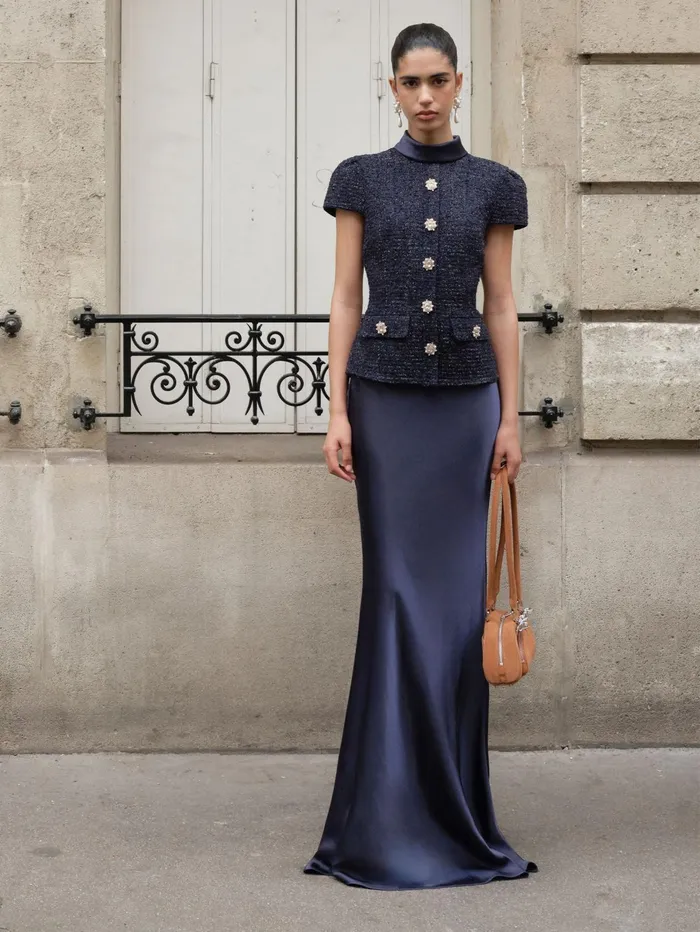 Self Portrait Dresses Women Navy Metallic Boucle Maxi Dress