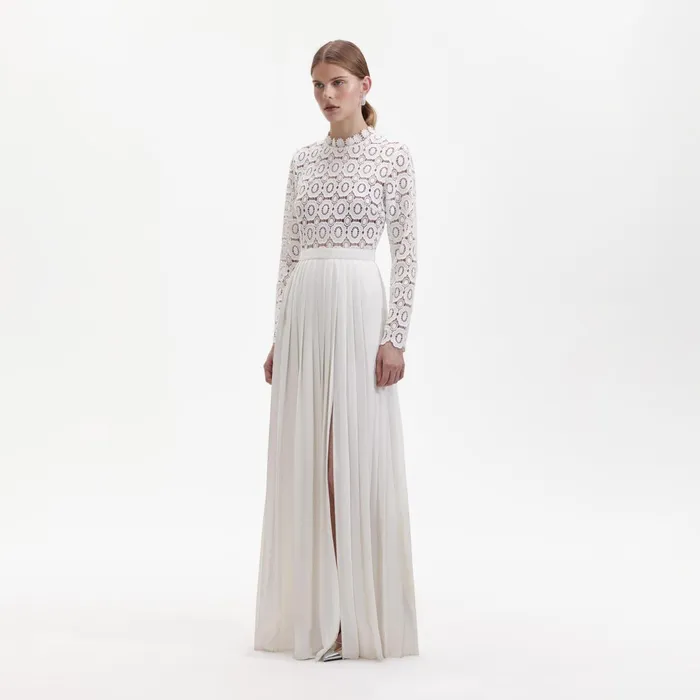 Self Portrait Dresses Women Pleated Crochet Floral Maxi Dress