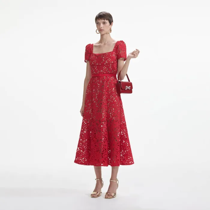 Self Portrait Dresses Women Red Floral Lace Midi Dress