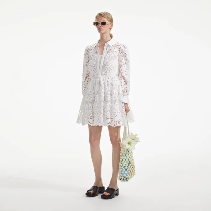 Self Portrait Dresses Women White Cotton Lace Mini Shirt Dress