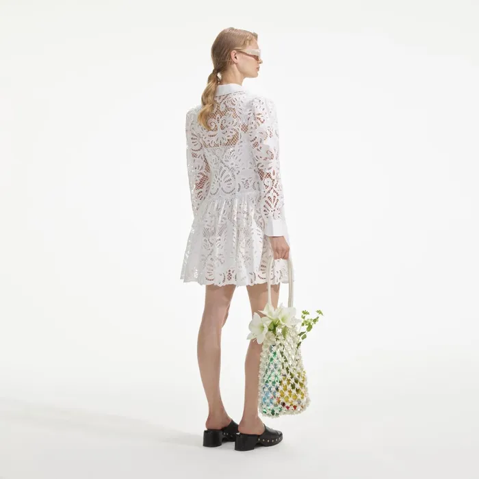 Self Portrait Dresses Women White Cotton Lace Mini Shirt Dress
