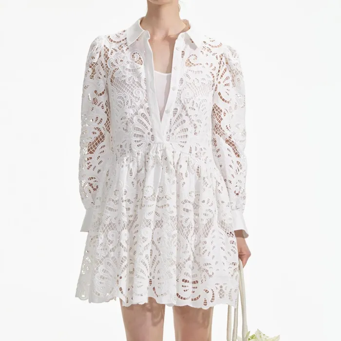Self Portrait Dresses Women White Cotton Lace Mini Shirt Dress