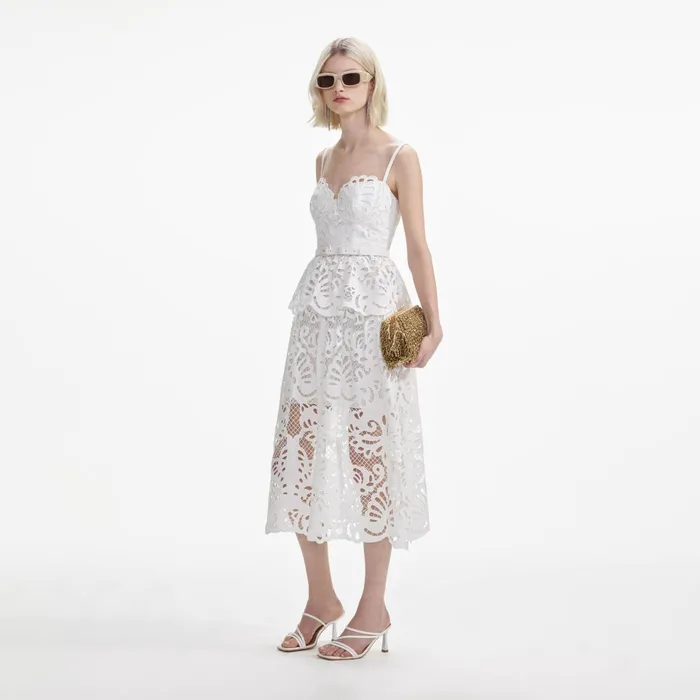 Self Portrait Dresses Women White Cotton Lace Tiered Midi Dress