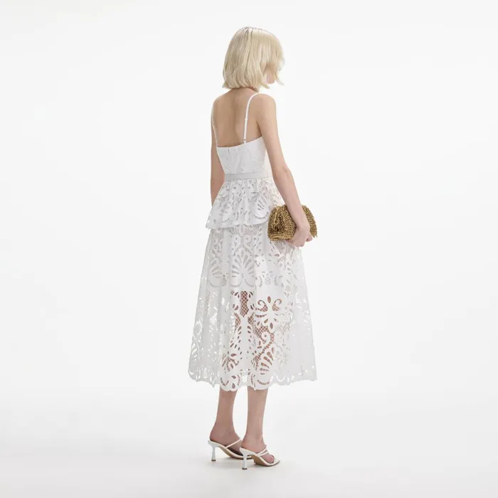 Self Portrait Dresses Women White Cotton Lace Tiered Midi Dress