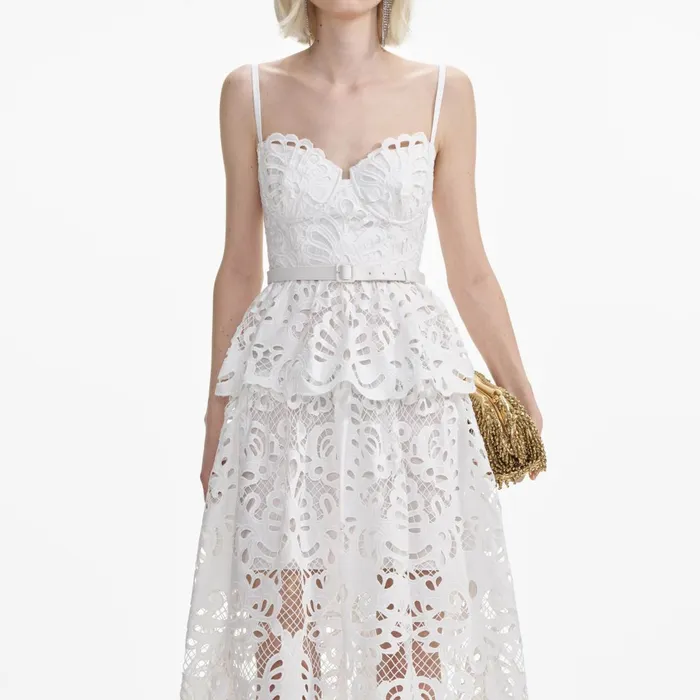 Self Portrait Dresses Women White Cotton Lace Tiered Midi Dress