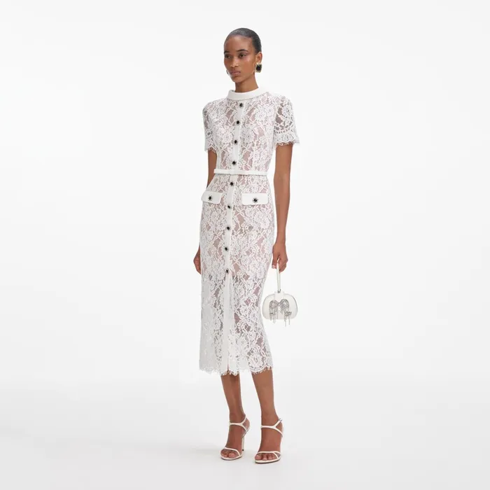 Self Portrait Dresses Women White Lace Button Midi Dress