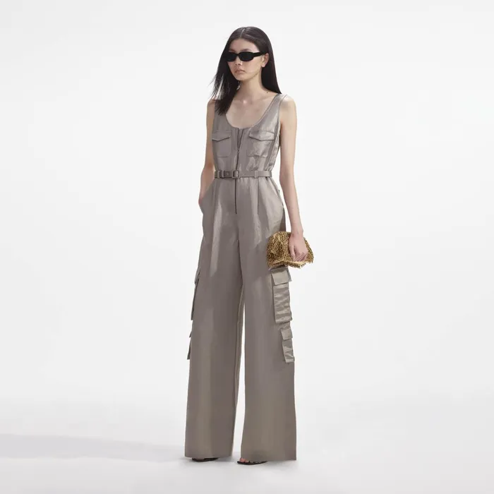 Self Portrait Jumpsuits Women Beige Satin Jumpsuit