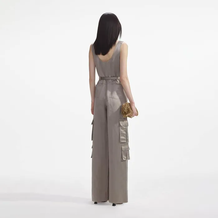 Self Portrait Jumpsuits Women Beige Satin Jumpsuit