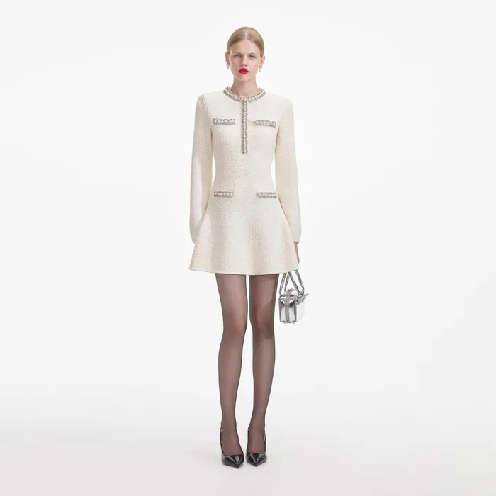 Self Portrait Knitwear Women Cream Textured Knit Embellished Mini Dress