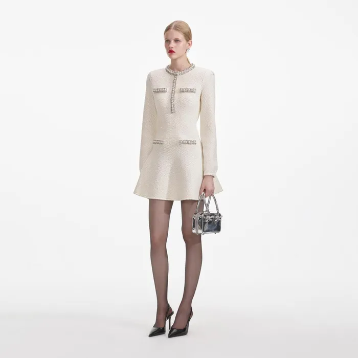 Self Portrait Knitwear Women Cream Textured Knit Embellished Mini Dress