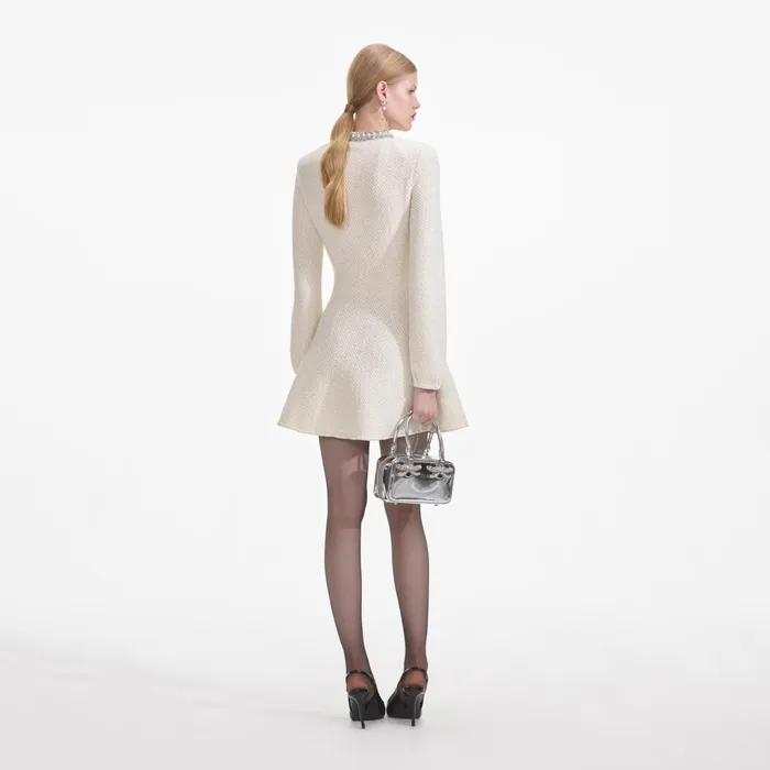 Self Portrait Knitwear Women Cream Textured Knit Embellished Mini Dress