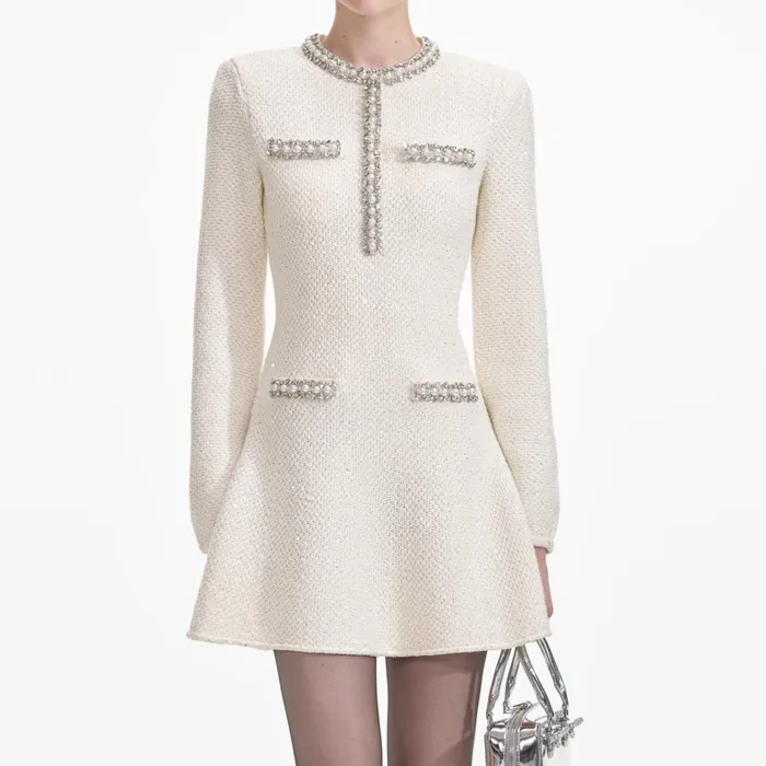 Self Portrait Knitwear Women Cream Textured Knit Embellished Mini Dress