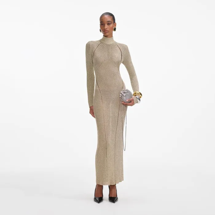 Self Portrait Knitwear Women Gold Lurex Knit Maxi Dress
