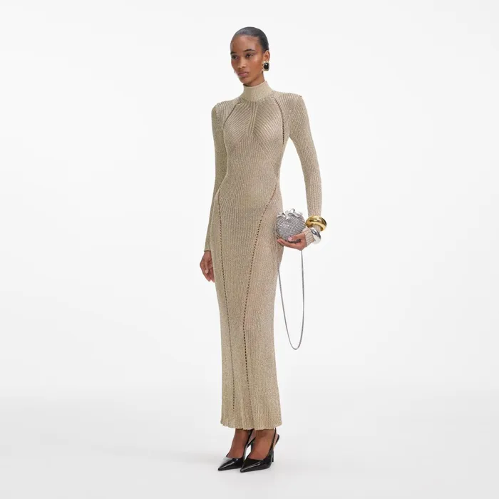 Self Portrait Knitwear Women Gold Lurex Knit Maxi Dress