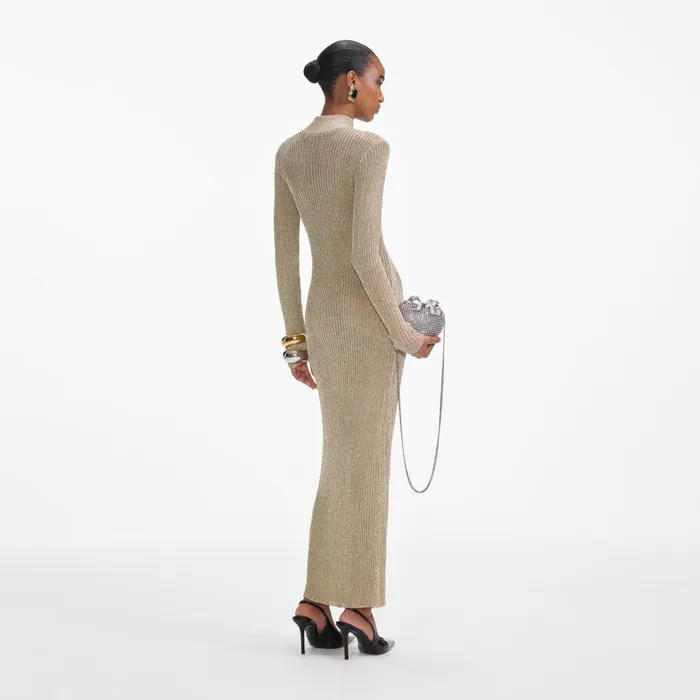 Self Portrait Knitwear Women Gold Lurex Knit Maxi Dress