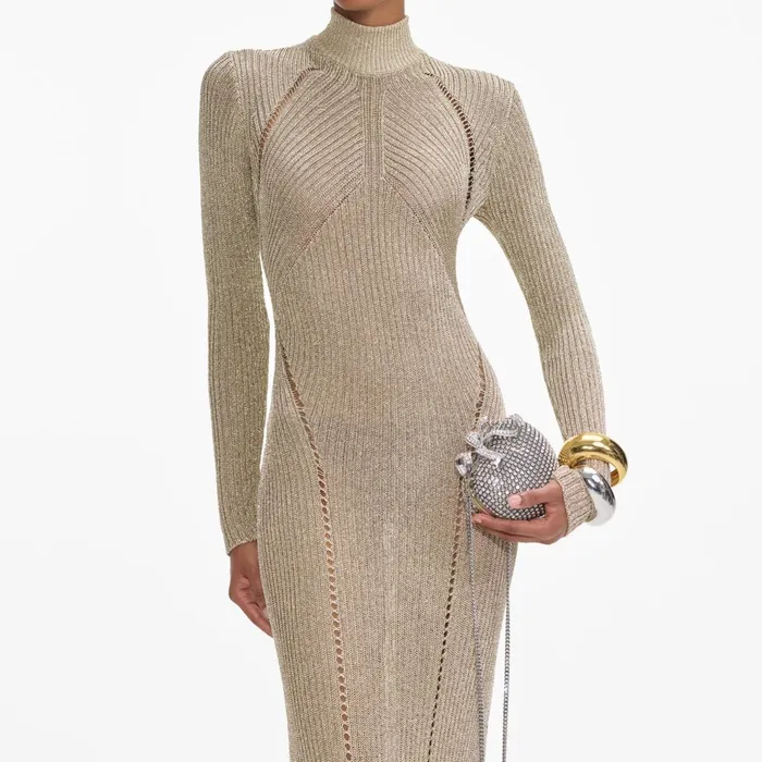 Self Portrait Knitwear Women Gold Lurex Knit Maxi Dress