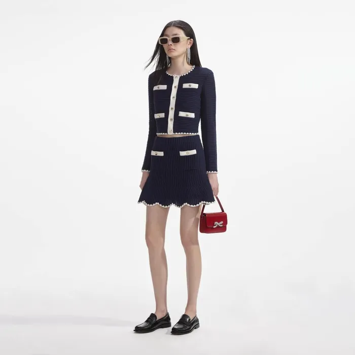 Self Portrait Knitwear Women Navy Crochet Contrast Trim Mini Skirt