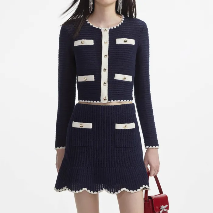 Self Portrait Knitwear Women Navy Crochet Contrast Trim Mini Skirt