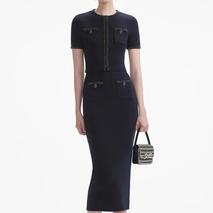 Self Portrait Knitwear Women Navy Embellished Knit Top
