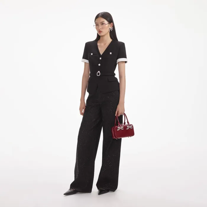 Self Portrait Tops Women Black Crepe Contrast Top
