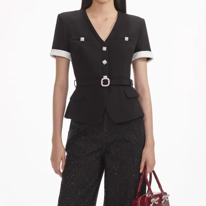 Self Portrait Tops Women Black Crepe Contrast Top