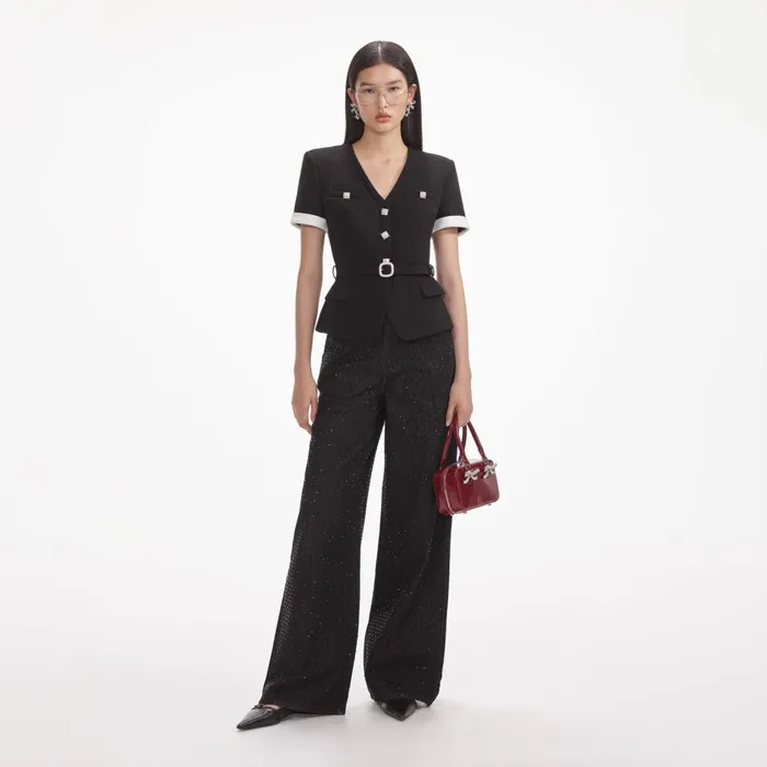 Self Portrait Tops Women Black Crepe Contrast Top