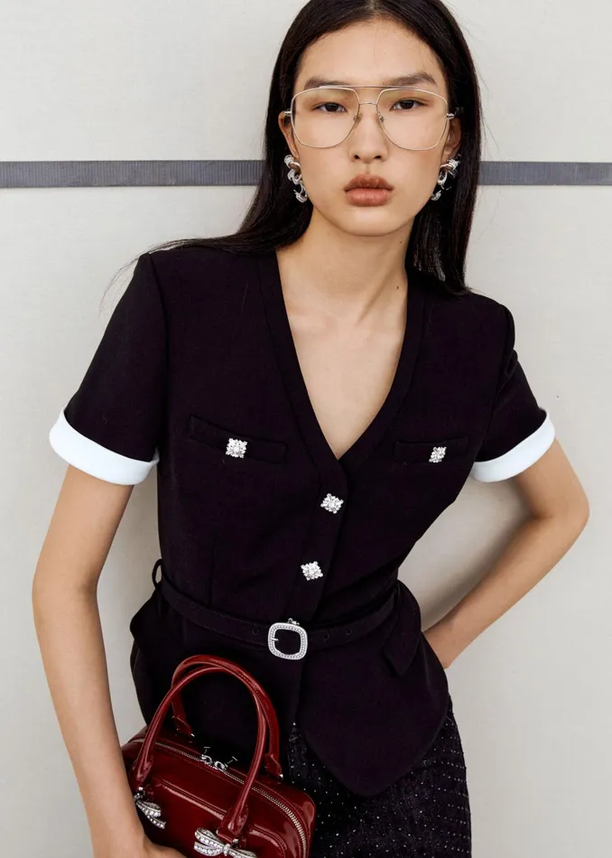 Self Portrait Tops Women Black Crepe Contrast Top