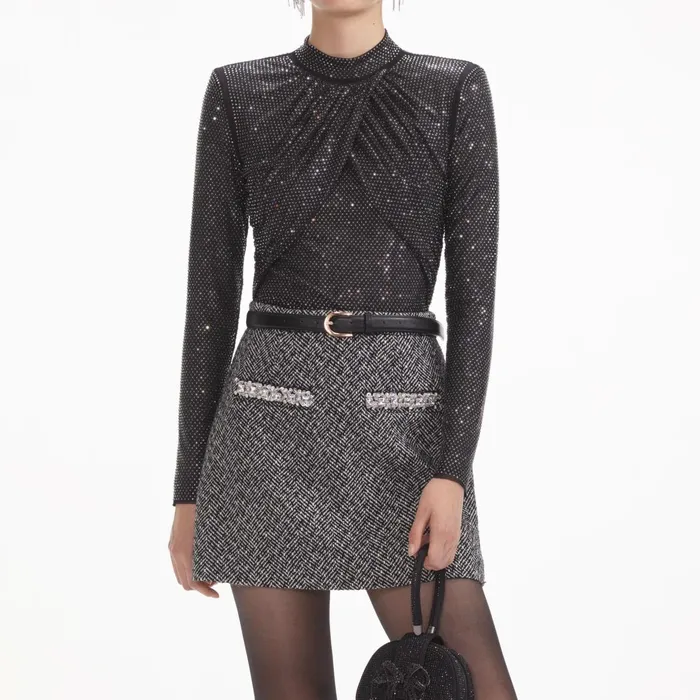 Self Portrait Tops Women Black Rhinestone Mesh Top Black