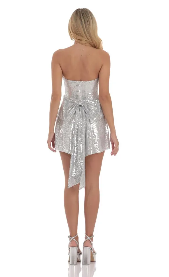 Sequin Attachable Bow Dress Silver Women LUCY IN THE SKY Mini Dresses