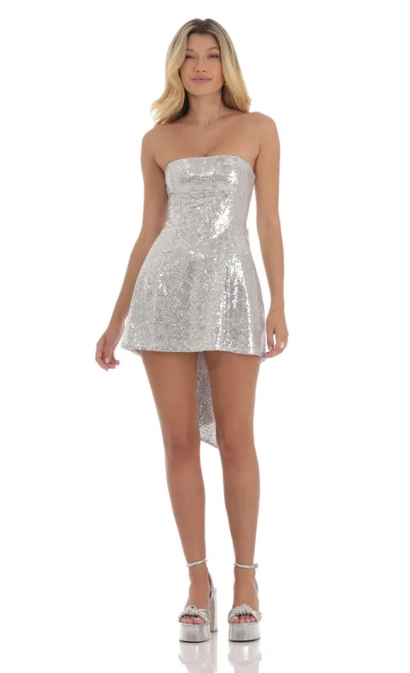 Sequin Attachable Bow Dress Silver Women LUCY IN THE SKY Mini Dresses Sequin Attachable Bow Dress Silver Women LUCY IN THE SKY Mini Dresses