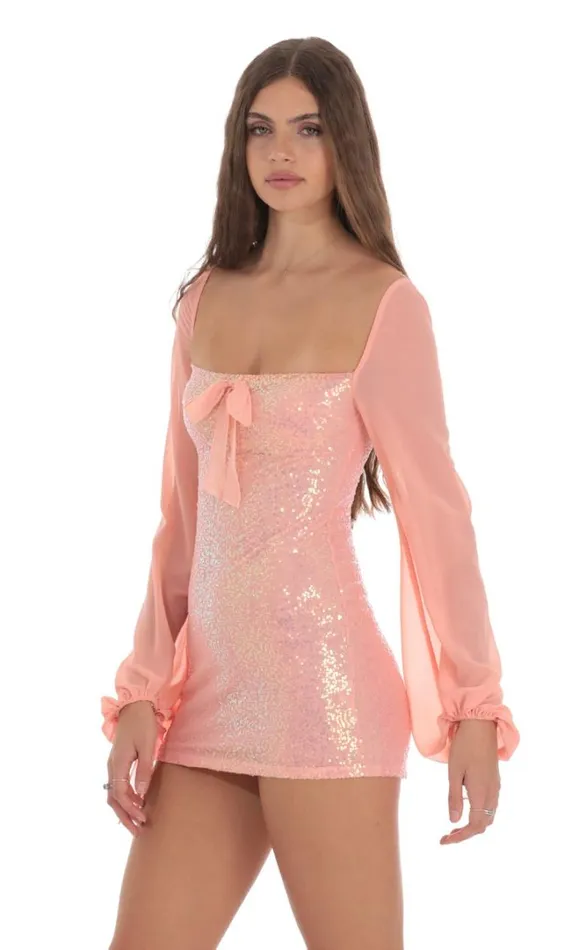 Sequin Balloon Sleeve Bodycon Dress Coral Women LUCY IN THE SKY Mini Dresses Sequin Balloon Sleeve Bodycon Dress Coral Women LUCY IN THE SKY Mini Dresses