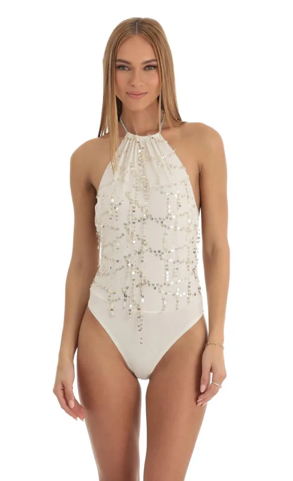 Sequin Bodysuit Ivory Women LUCY IN THE SKY Bodysuits