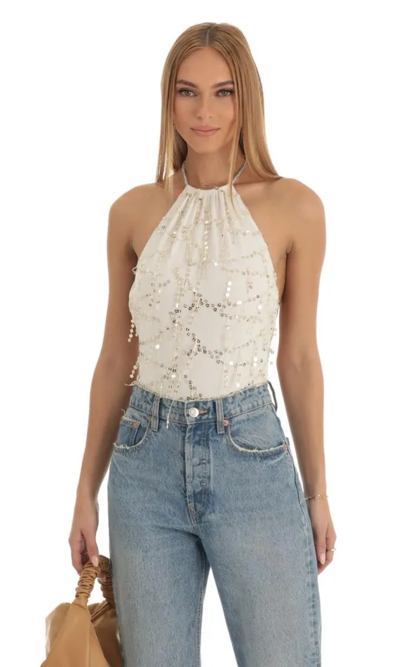 Sequin Bodysuit Ivory Women LUCY IN THE SKY Bodysuits Sequin Bodysuit Ivory Women LUCY IN THE SKY Bodysuits