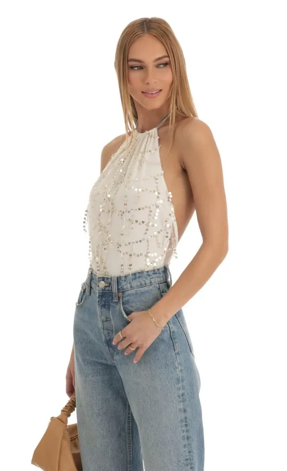 Sequin Bodysuit Ivory Women LUCY IN THE SKY Bodysuits Sequin Bodysuit Ivory Women LUCY IN THE SKY Bodysuits
