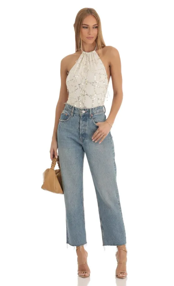 Sequin Bodysuit Ivory Women LUCY IN THE SKY Bodysuits Sequin Bodysuit Ivory Women LUCY IN THE SKY Bodysuits