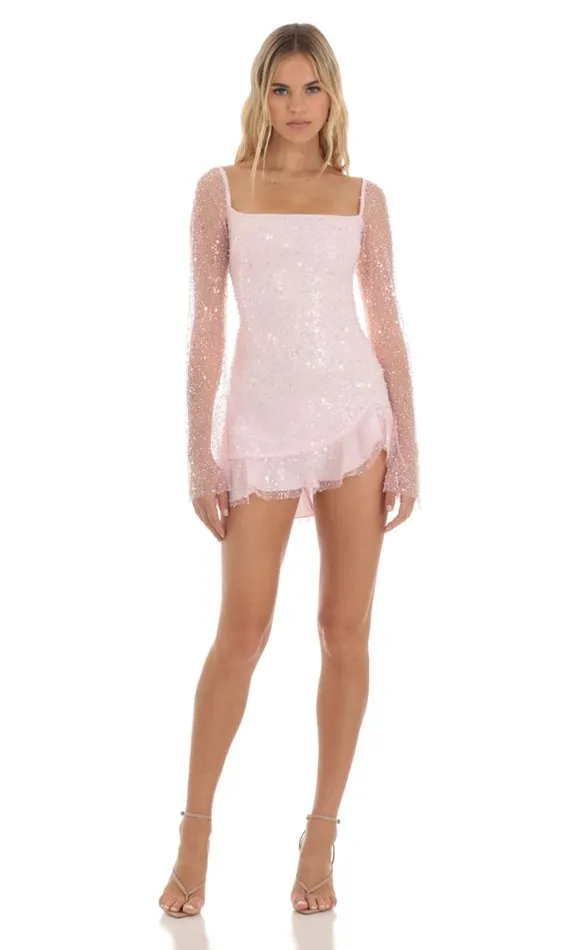 Sequin Long Sleeve Dress Pink Women LUCY IN THE SKY Mini Dresses