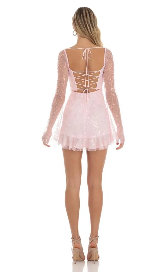 Sequin Long Sleeve Dress Pink Women LUCY IN THE SKY Mini Dresses