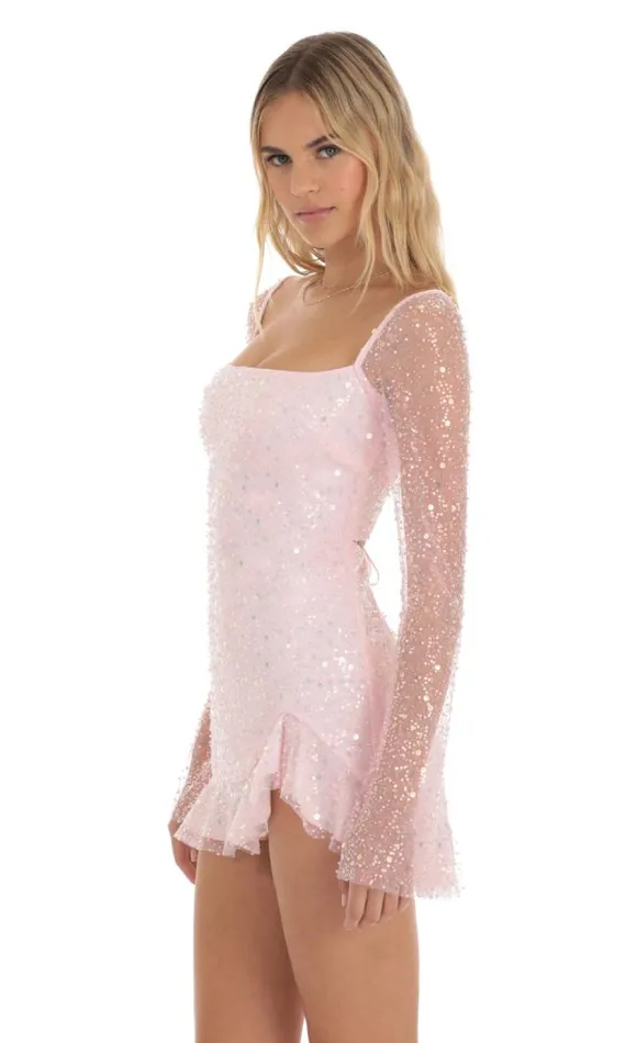 Sequin Long Sleeve Dress Pink Women LUCY IN THE SKY Mini Dresses
