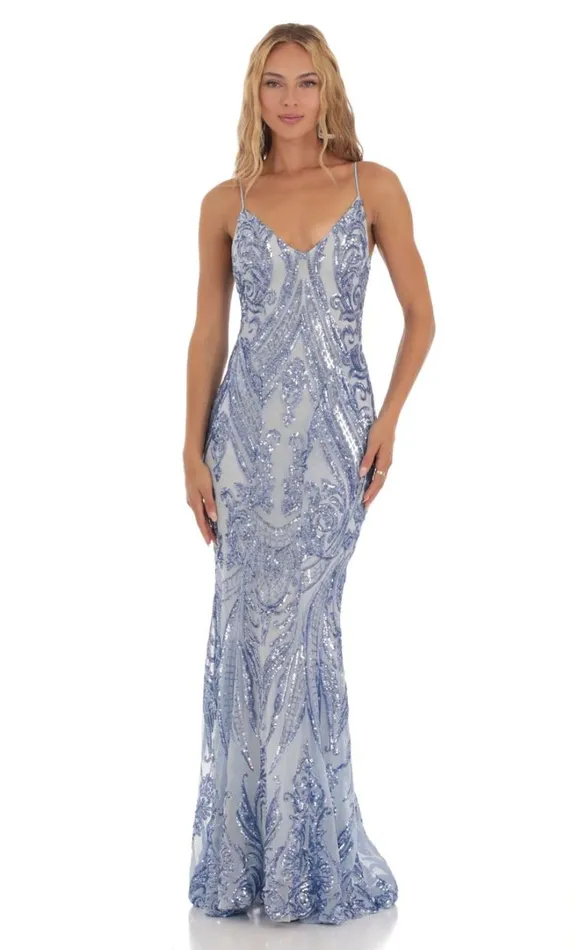 Sequin Mermaid Dress Blue Women LUCY IN THE SKY Maxi Dresses
