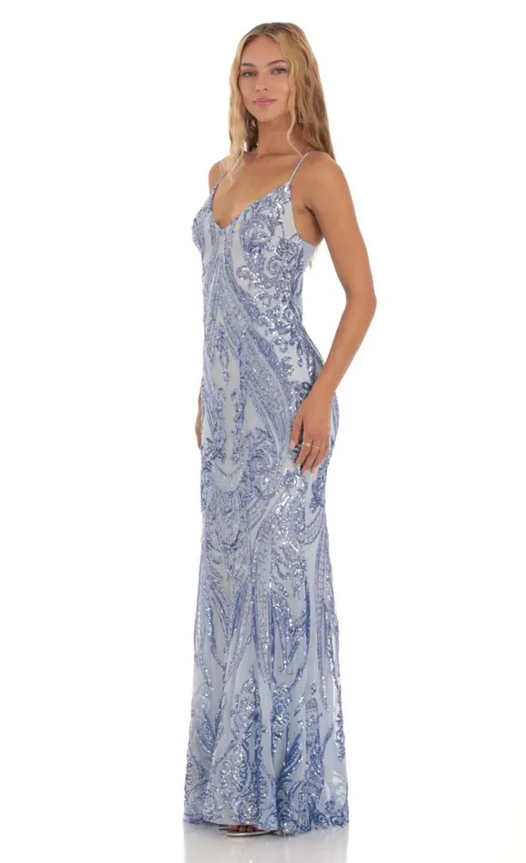 Sequin Mermaid Dress Blue Women LUCY IN THE SKY Maxi Dresses
