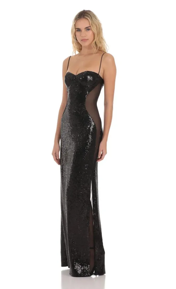 Sequin Mesh Side Cutout Maxi Dress Black Women LUCY IN THE SKY Maxi Dresses