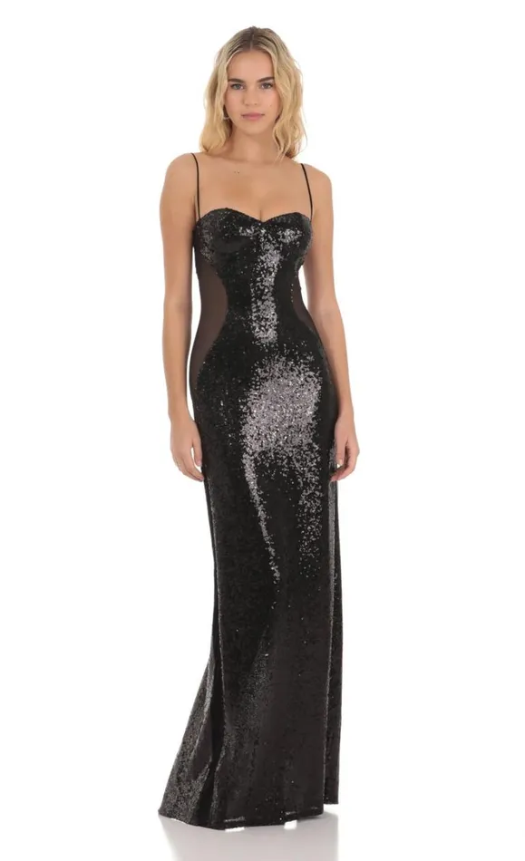 Sequin Mesh Side Cutout Maxi Dress Black Women LUCY IN THE SKY Maxi Dresses Sequin Mesh Side Cutout Maxi Dress Black Women LUCY IN THE SKY Maxi Dresses