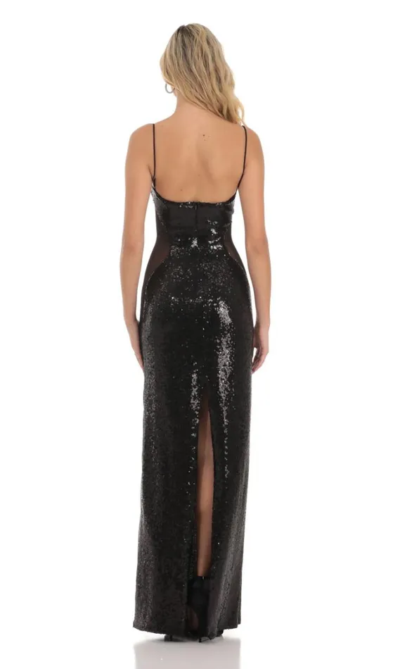 Sequin Mesh Side Cutout Maxi Dress Black Women LUCY IN THE SKY Maxi Dresses Sequin Mesh Side Cutout Maxi Dress Black Women LUCY IN THE SKY Maxi Dresses