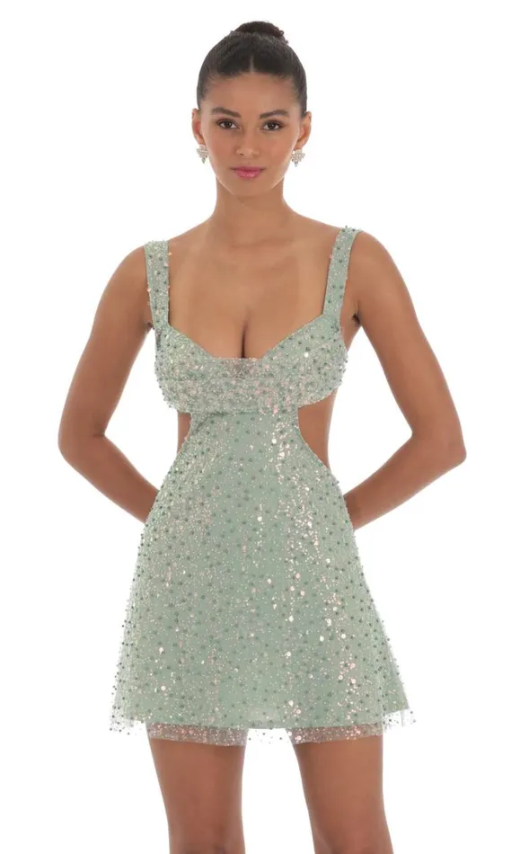 Sequin Pearl Cutout Dress Green Women LUCY IN THE SKY Mini Dresses