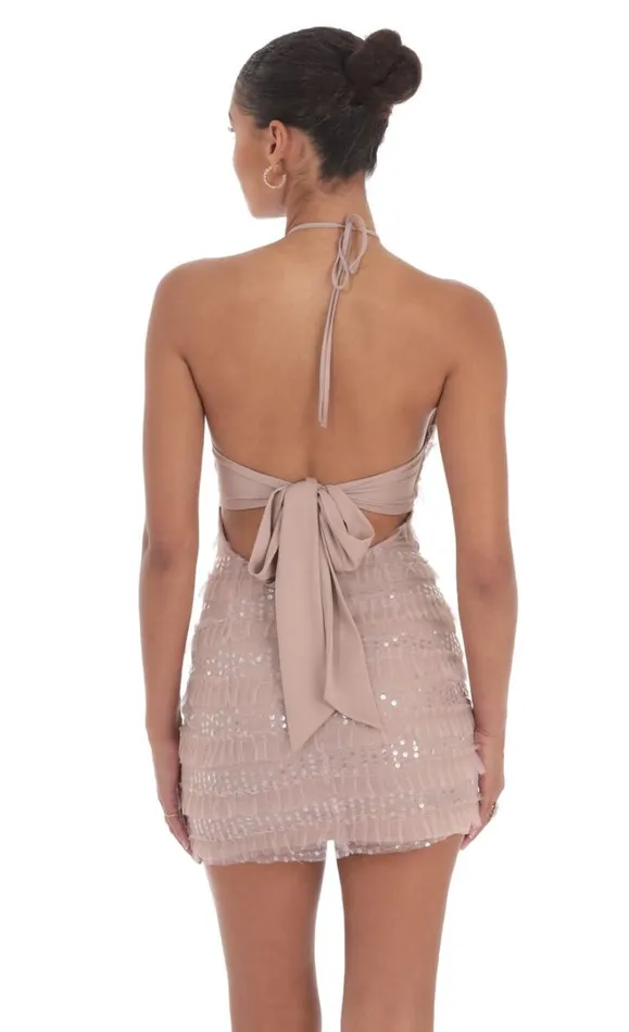 Sequin Ruffle Halter Bodycon Dress Mauve Women LUCY IN THE SKY Mini Dresses