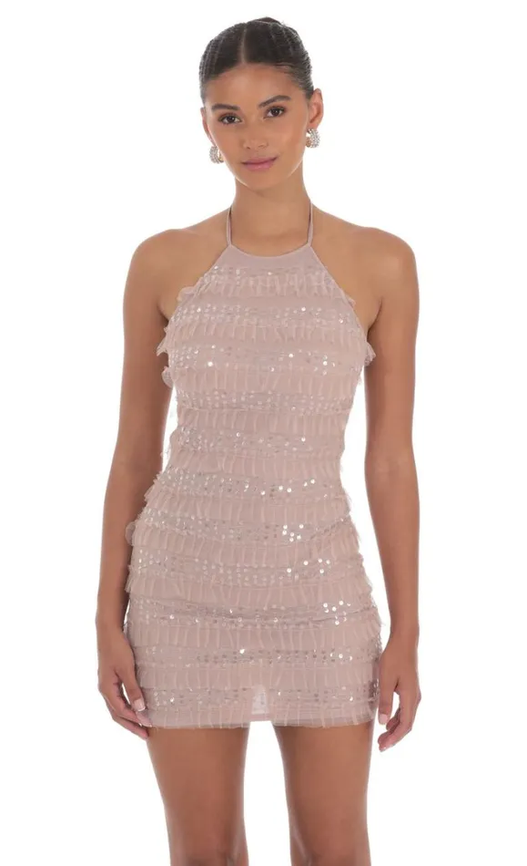 Sequin Ruffle Halter Bodycon Dress Mauve Women LUCY IN THE SKY Mini Dresses
