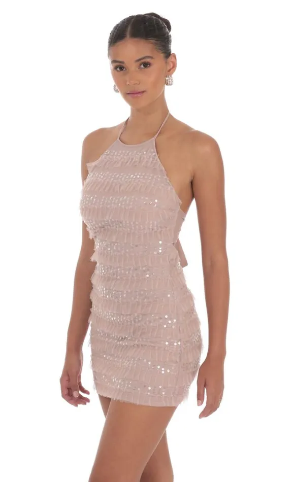 Sequin Ruffle Halter Bodycon Dress Mauve Women LUCY IN THE SKY Mini Dresses