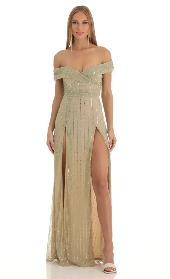 Sequin Striped Off The Shoulder Maxi Dress Gold Women LUCY IN THE SKY Maxi Dresses