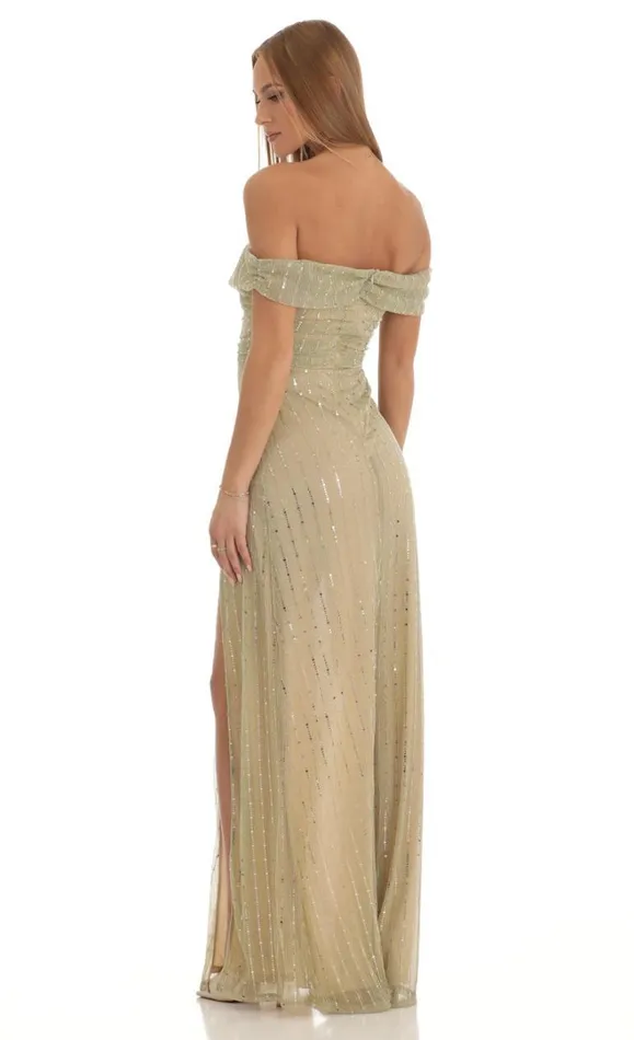 Sequin Striped Off The Shoulder Maxi Dress Gold Women LUCY IN THE SKY Maxi Dresses Sequin Striped Off The Shoulder Maxi Dress Gold Women LUCY IN THE SKY Maxi Dresses
